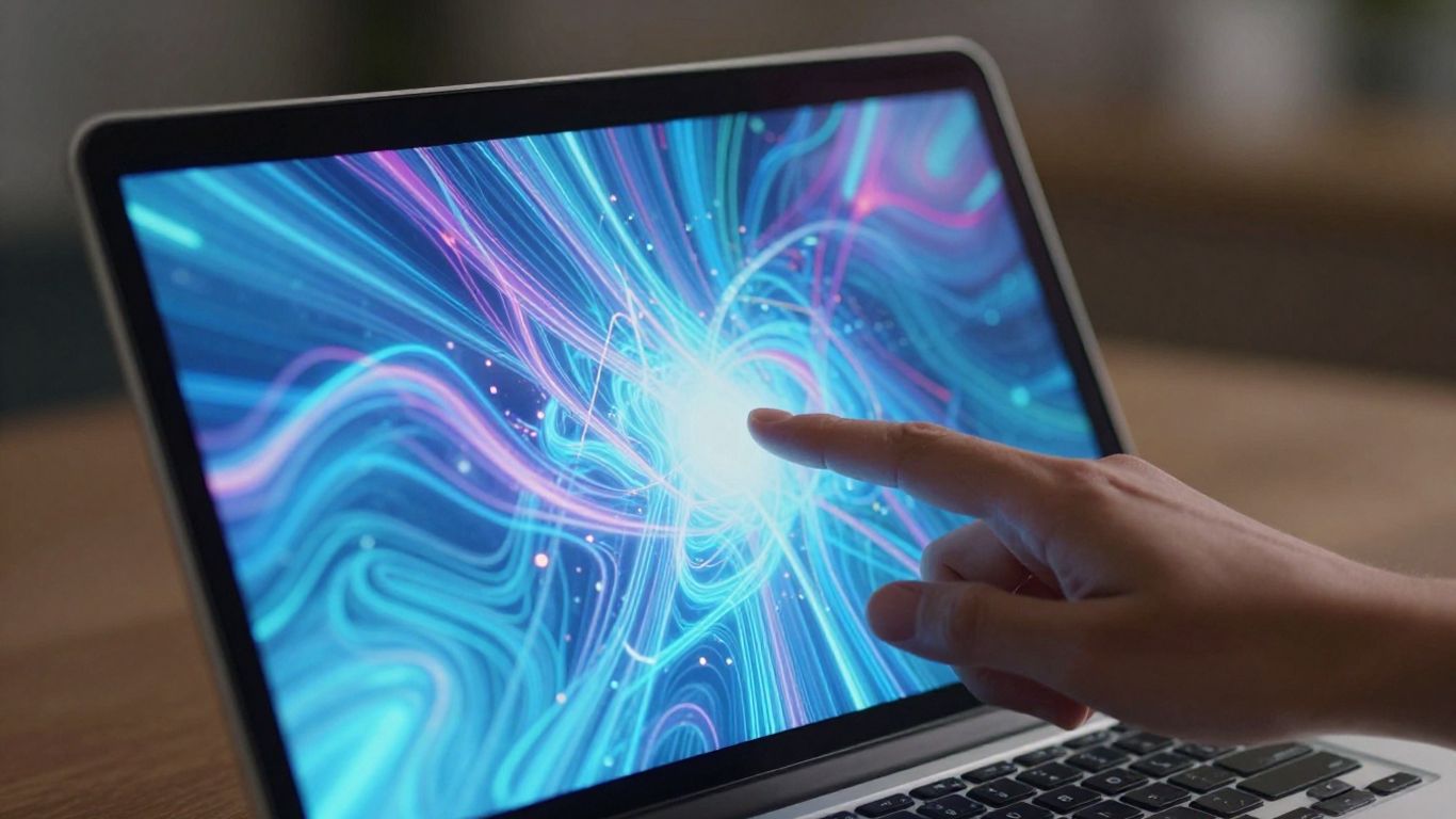 Laptop screen with abstract digital pattern and hand