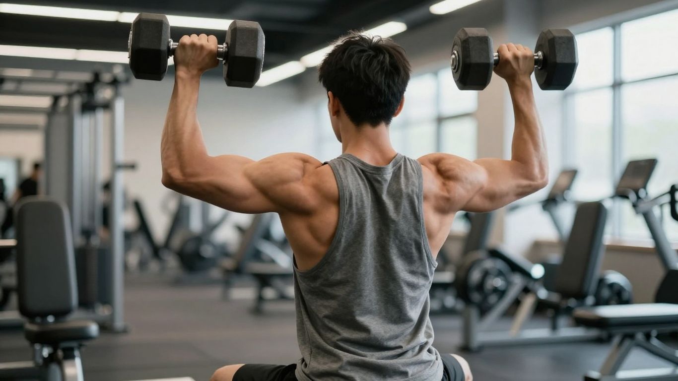 Person doing bent-over reverse fly with dumbbells.