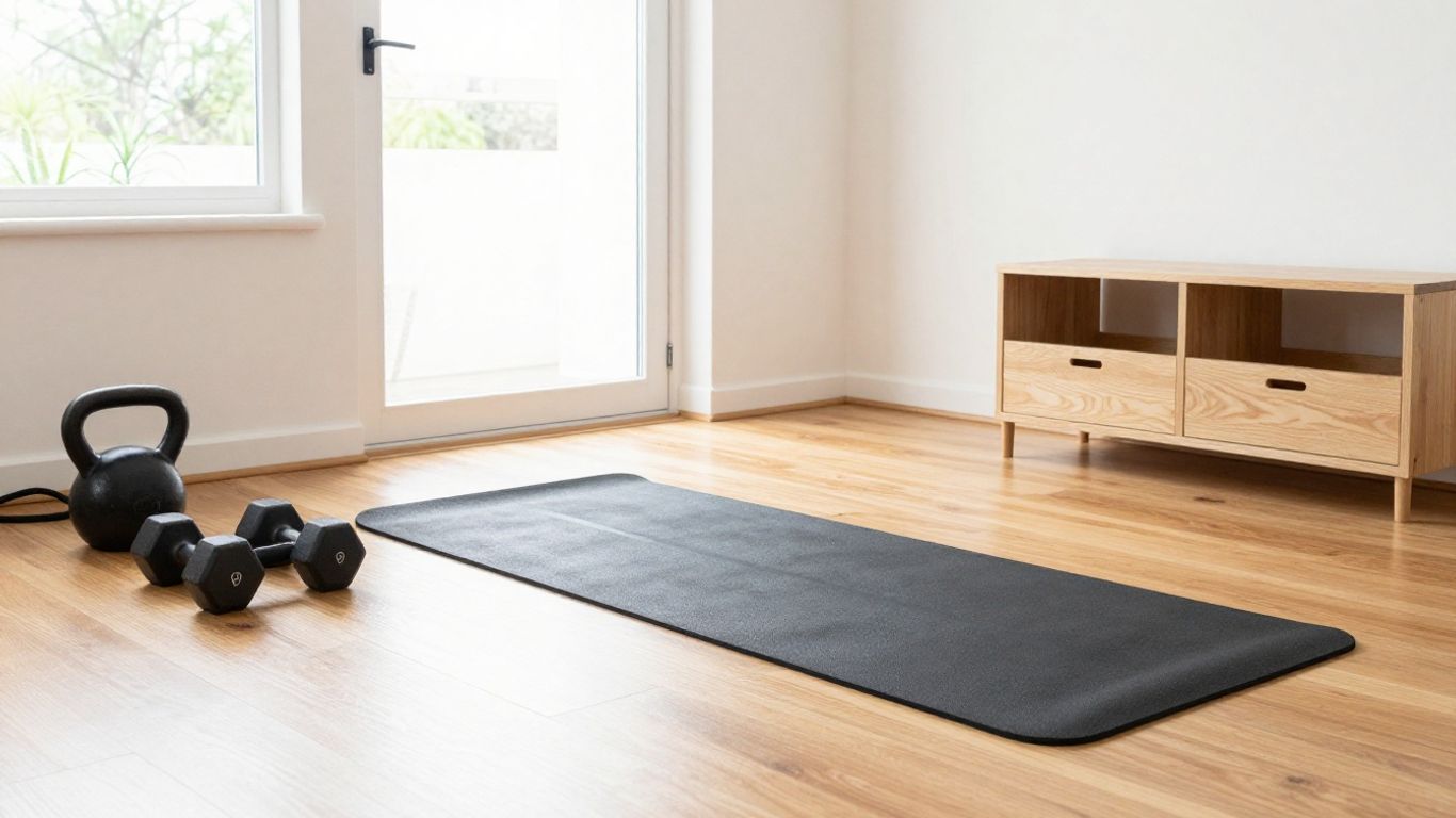 Compact home gym equipment arranged neatly