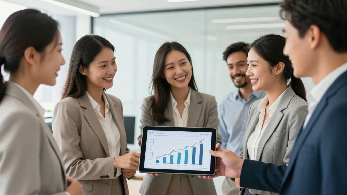 Personas sonriendo y discutiendo un plan de compensación.