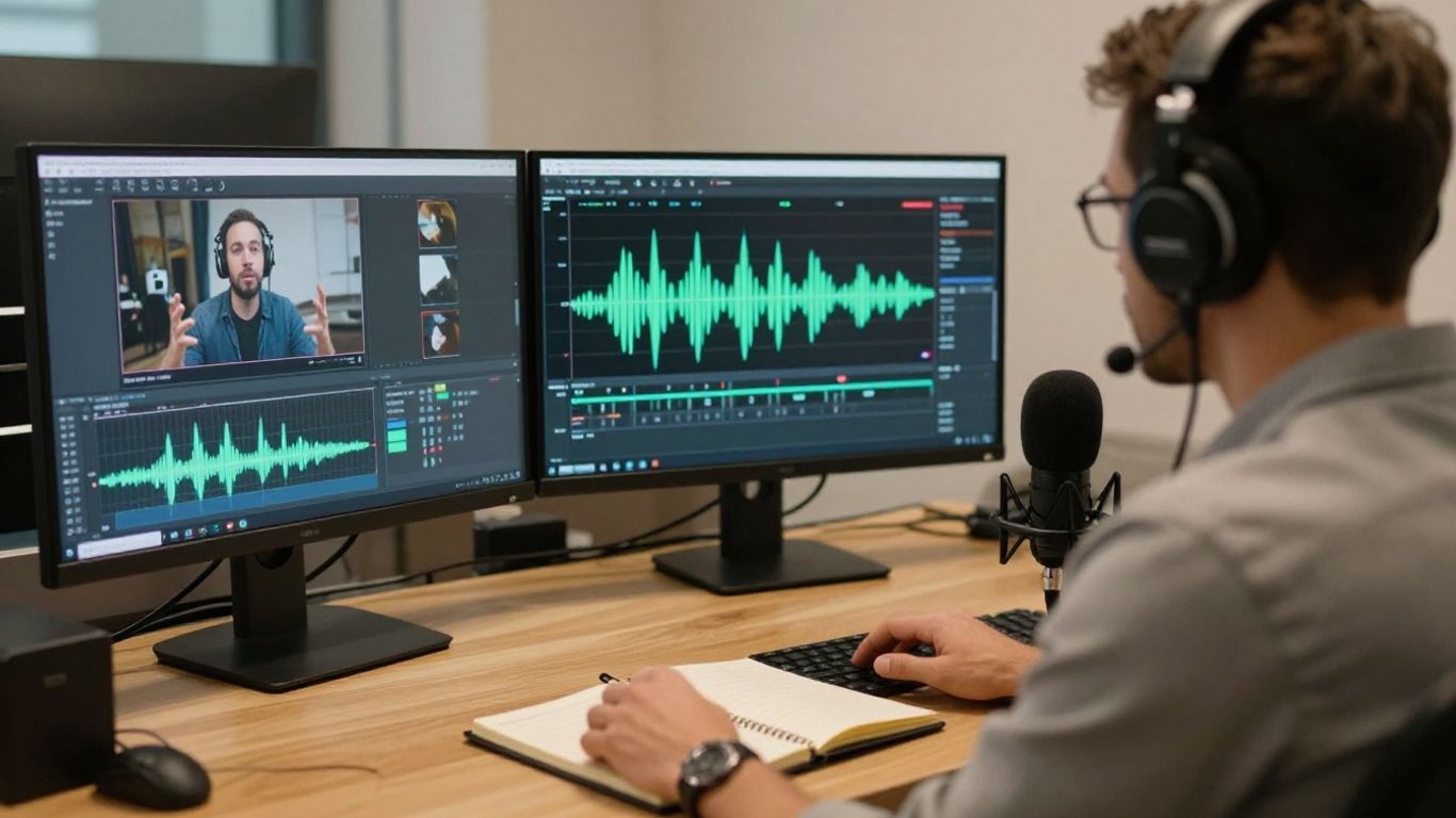 Editor reviewing interview footage and audio