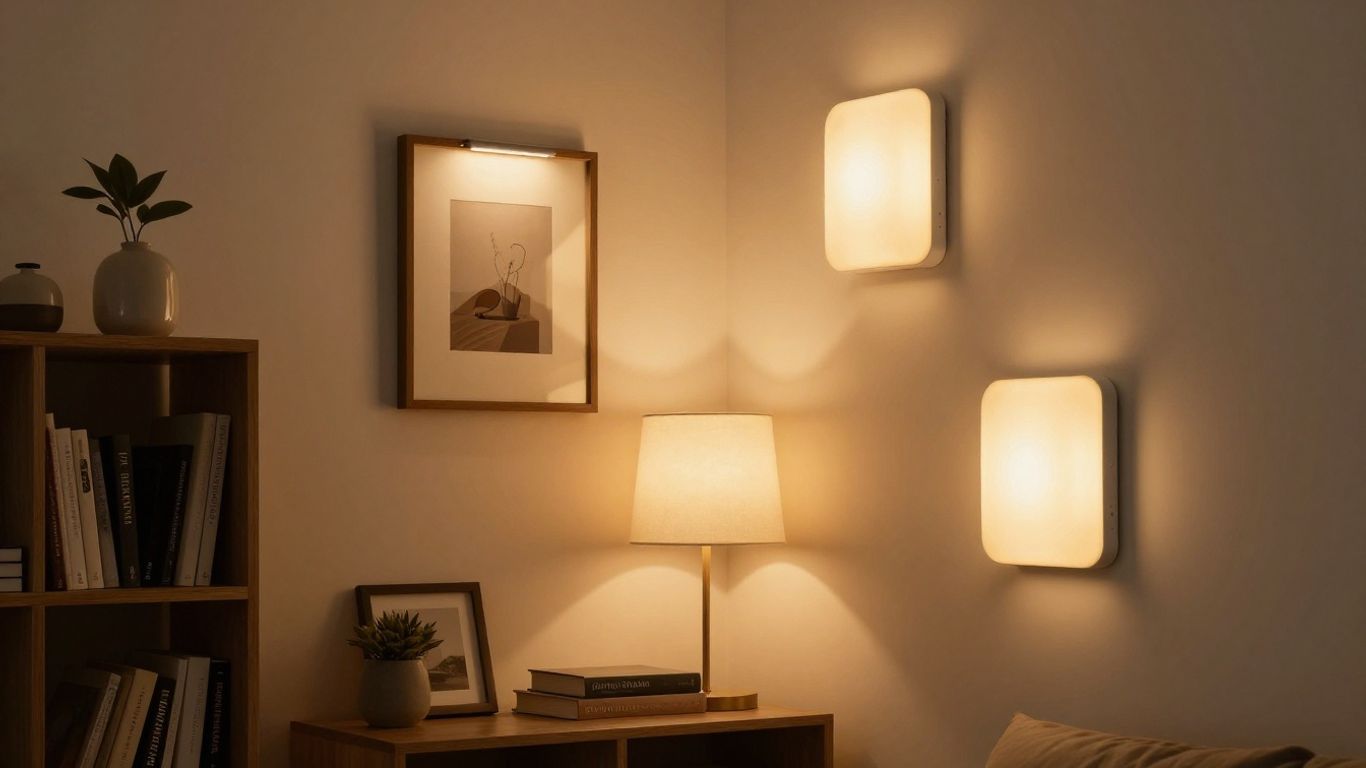 Battery operated wall lights illuminating a living room corner.