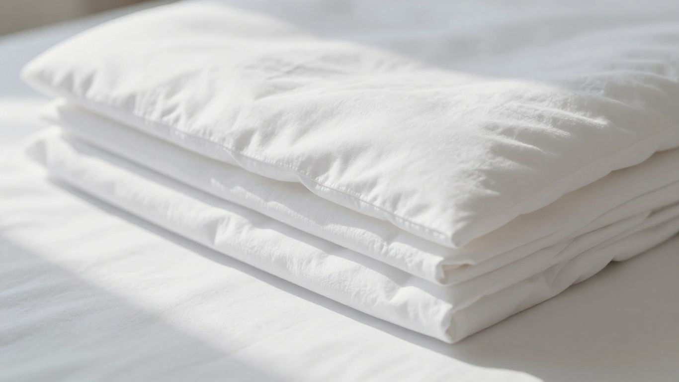 Crisp white percale bed sheets folded neatly.