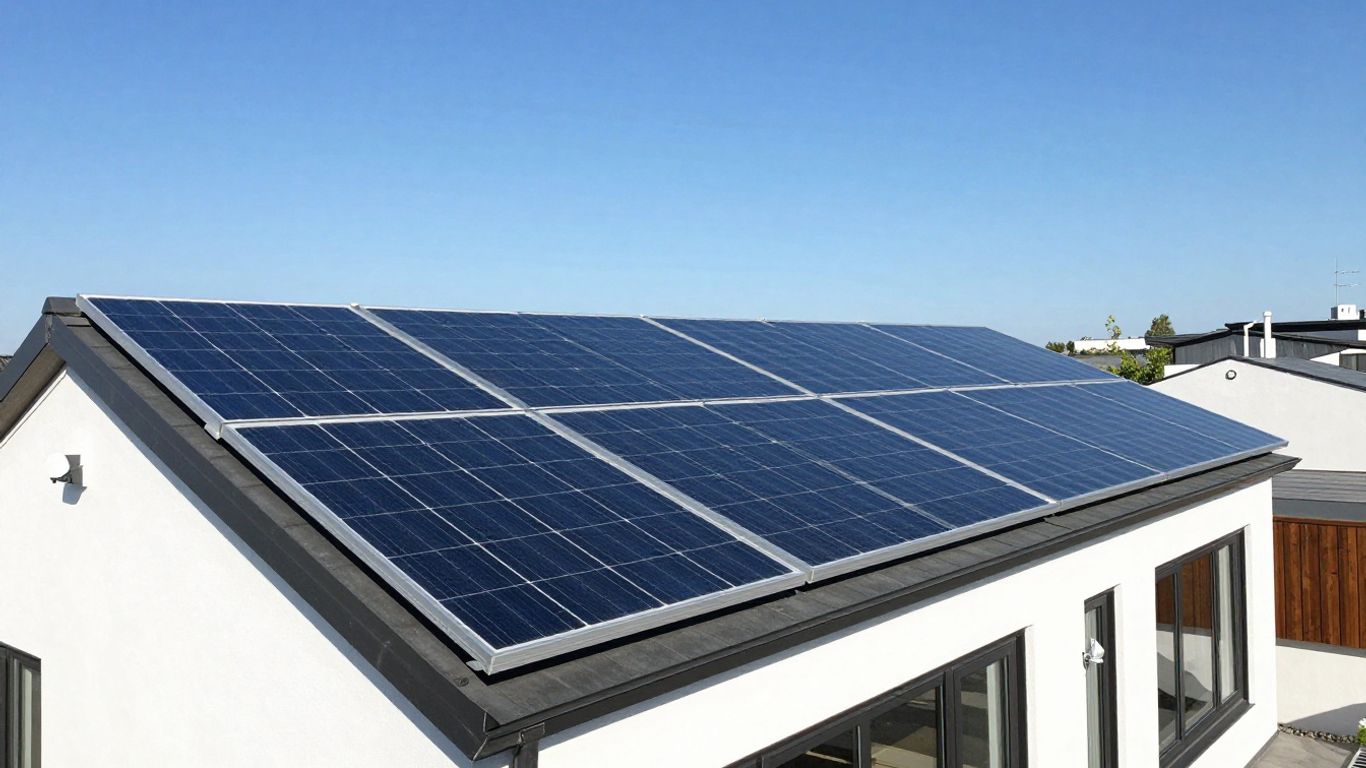 Panneaux solaires sur un toit avec une maison moderne.