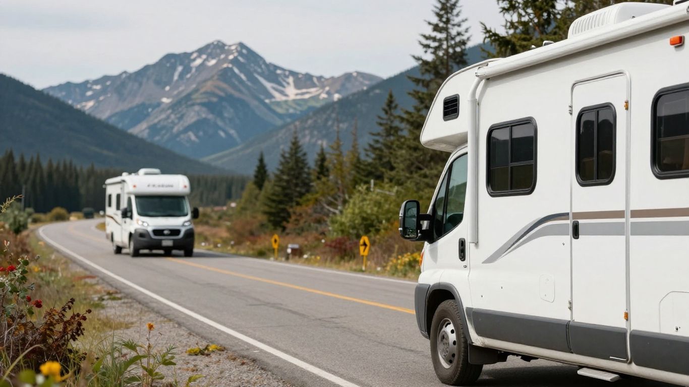 Canadian RV rental on a scenic roadside with mountains.