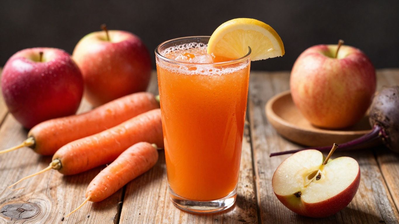 Glass of vibrant ABC juice with fresh fruits and vegetables.