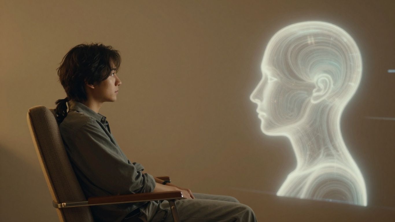 Person in chair next to abstract AI interface.