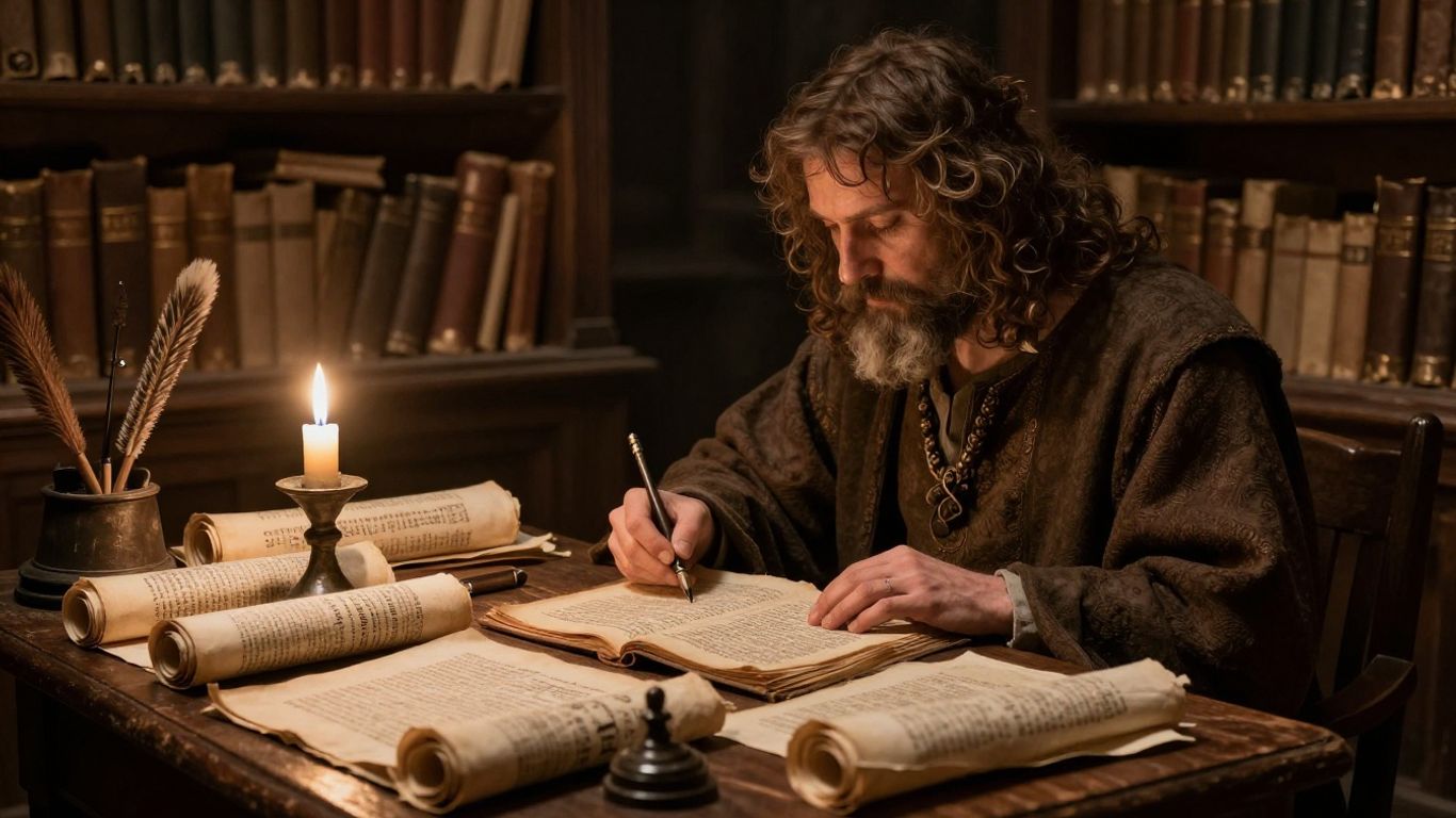 Medieval scholar researching ancient texts by candlelight.