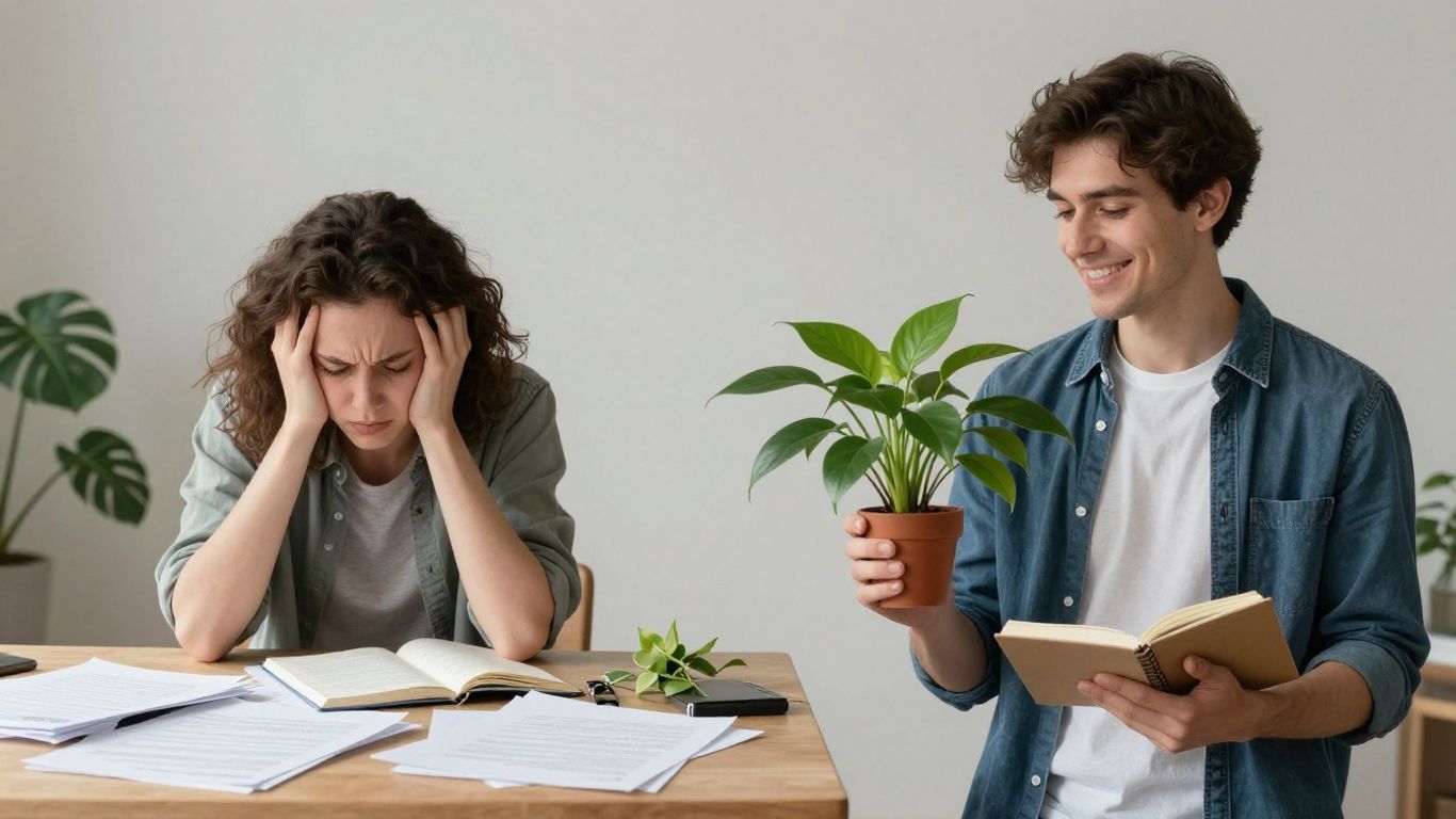 Person transforming from stressed to calm, swapping bad habits for good.