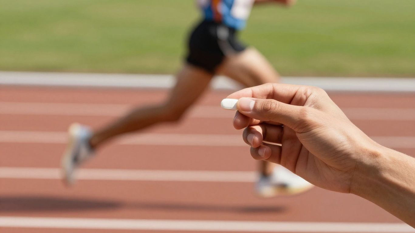 Runner holding a caffeine tablet on a track.