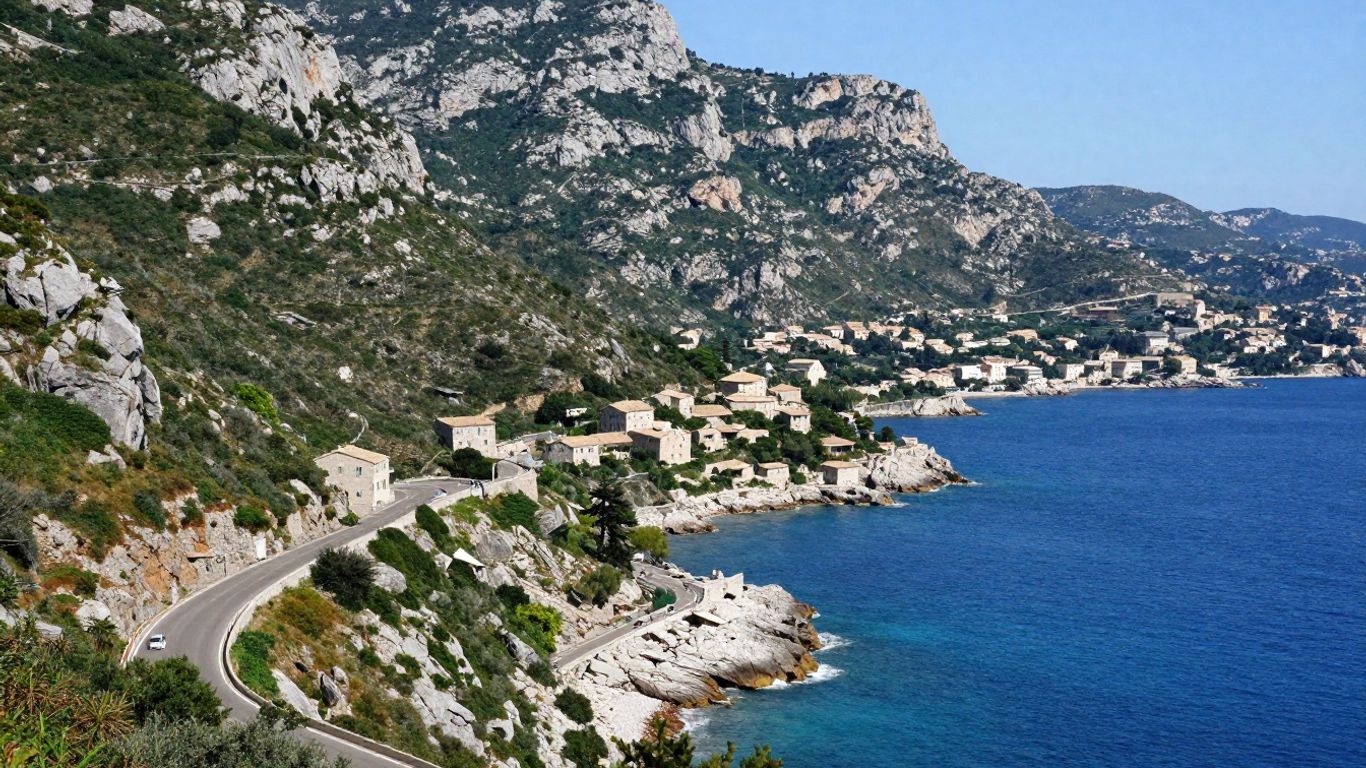 Coastal road and hillside rising toward Èze village