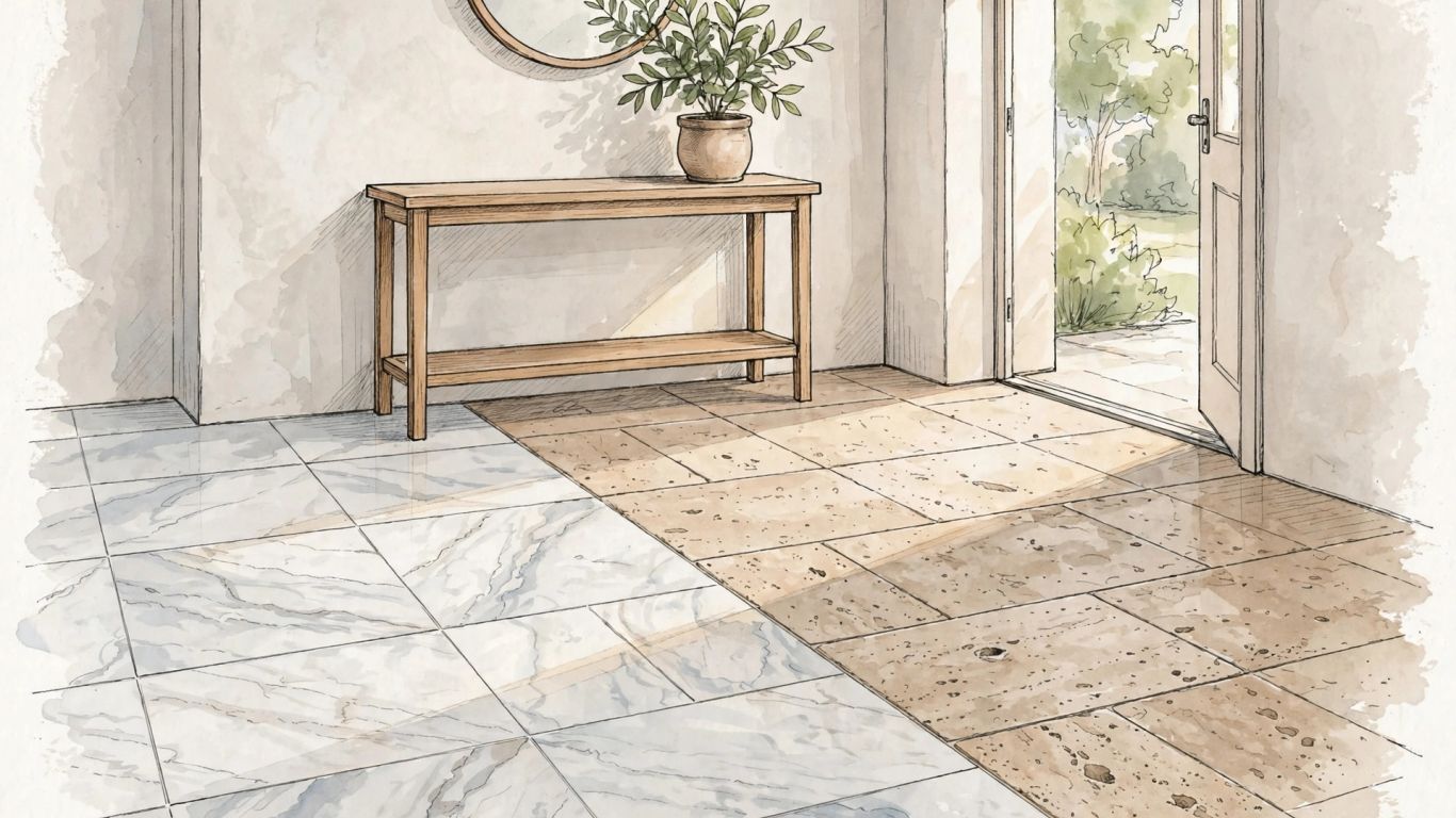 Marble and travertine tiles in a welcoming home