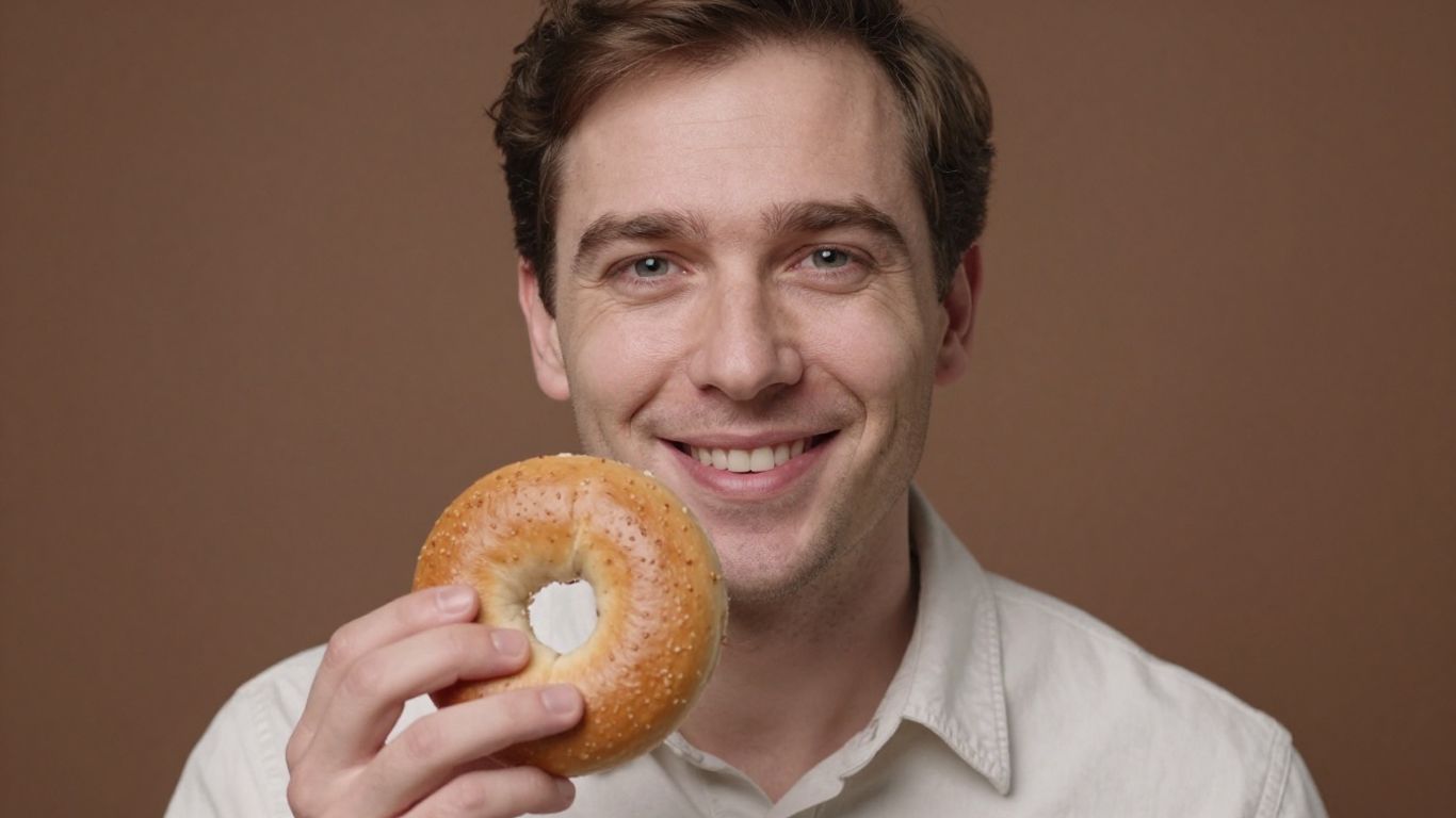 Man holding a bagel, friendly expression, studio background.