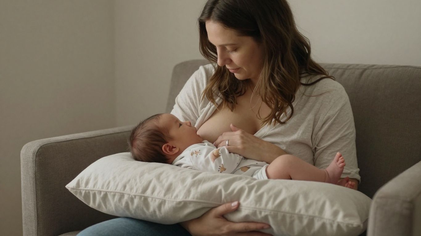 Madre sentada amamantando a su bebé en posición de cuna