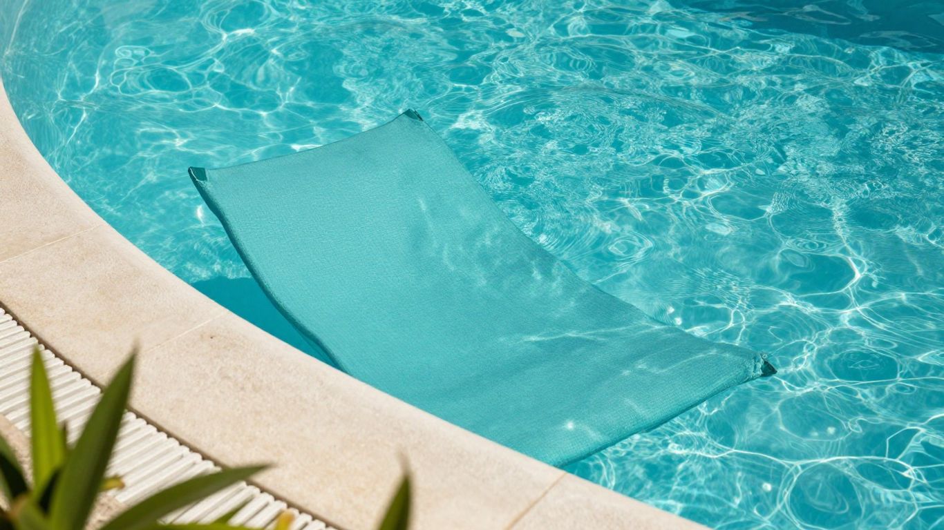 A fabric lounger resting beside clear pool water