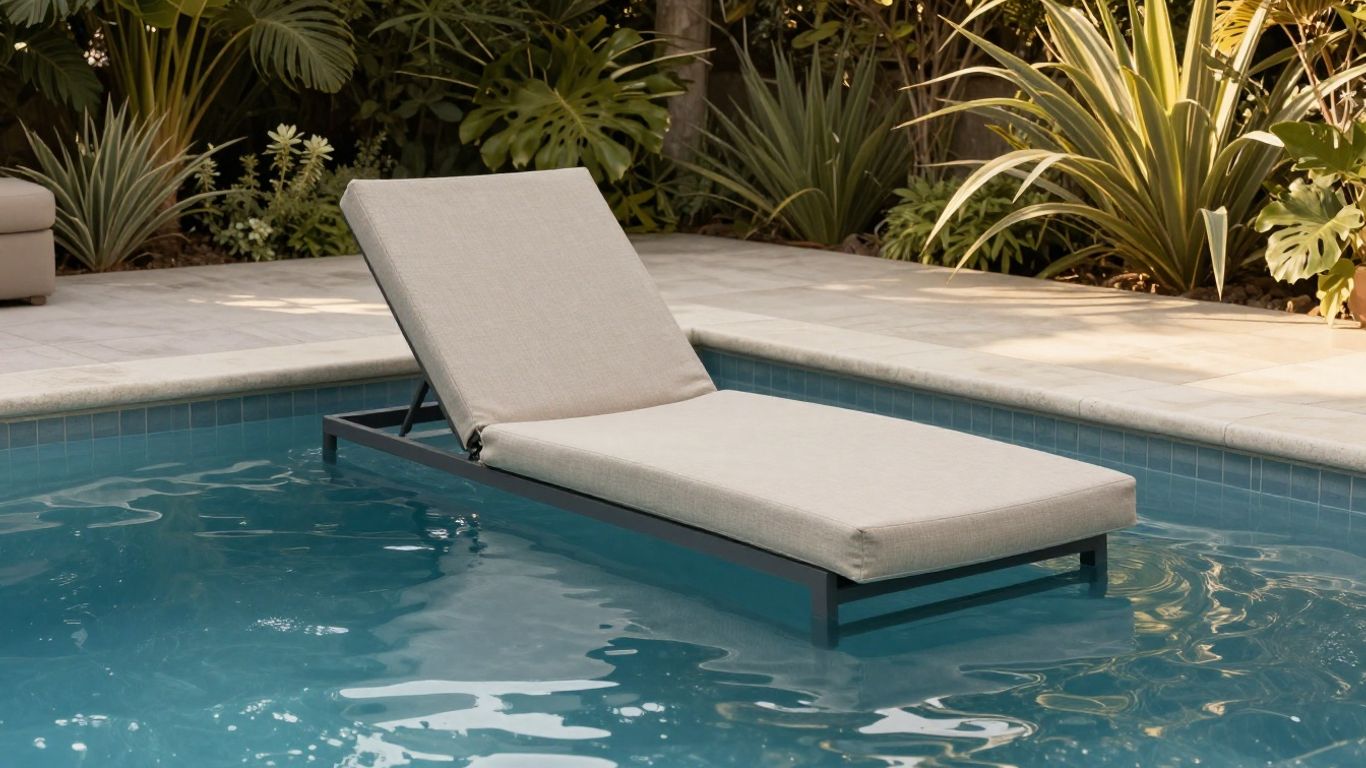 A fabric lounger floating in a calm backyard pool