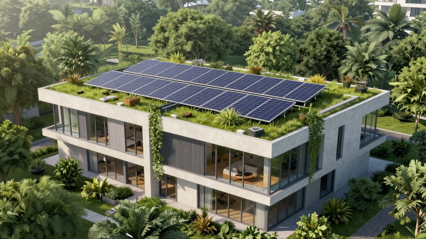Clădire ecologică modernă cu acoperiș verde și panouri solare.