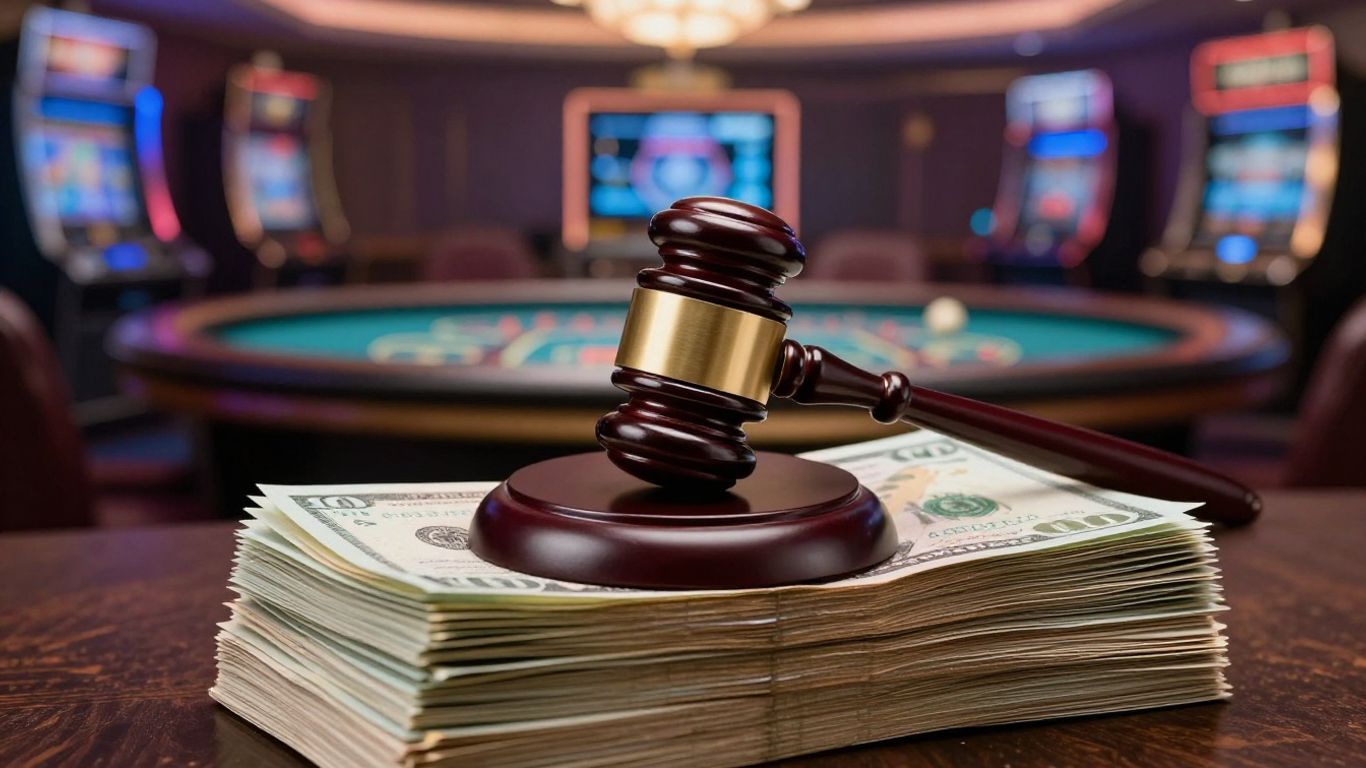 Gavel hitting money pile, casino background