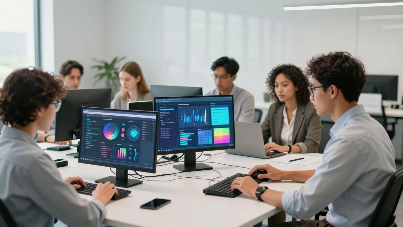 Oficina moderna con empleados usando computadoras y tabletas SAP.