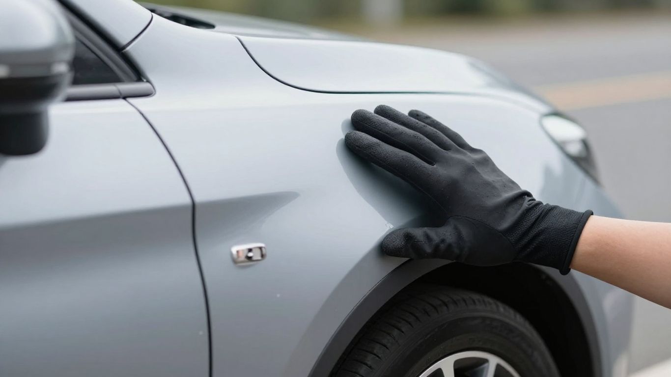 Beschädigtes Auto mit Delle, Hand berührt Schaden.