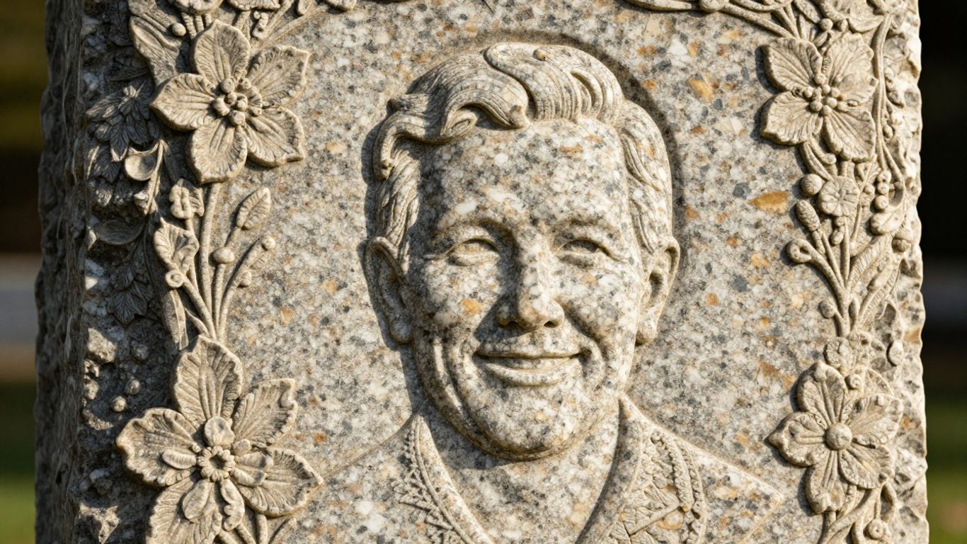 Personalized granite headstone with floral carvings and etched portrait.