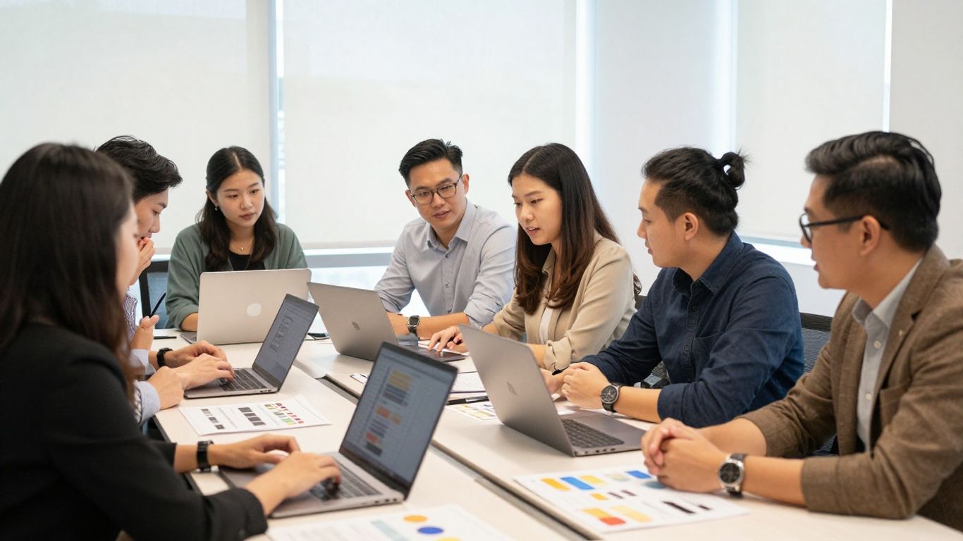 Marketing team reviewing social campaign plans Singapore