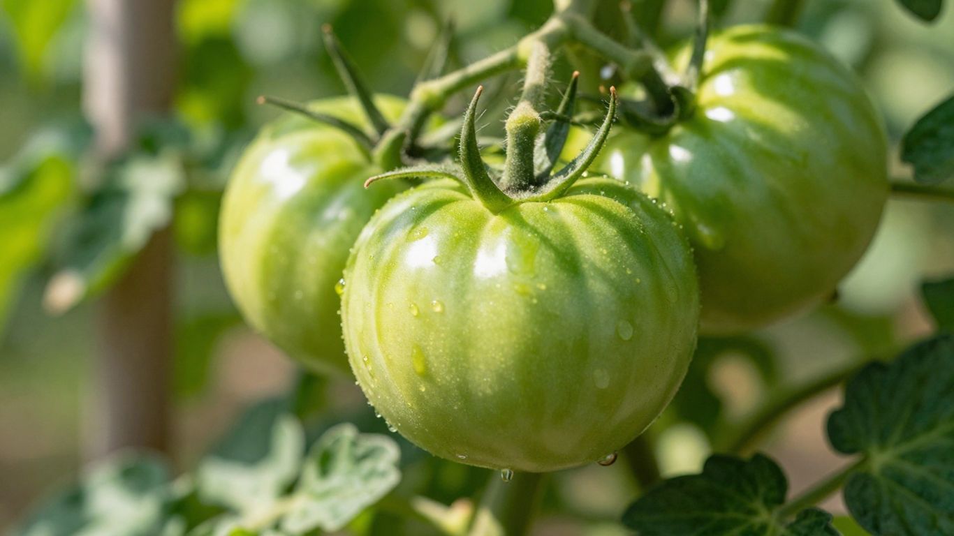Grüne Tomaten an einer sonnigen Pflanze