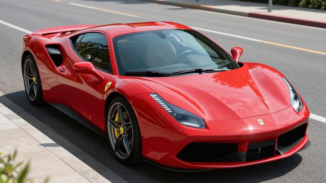 Red Ferrari 488 sports car on a scenic road.