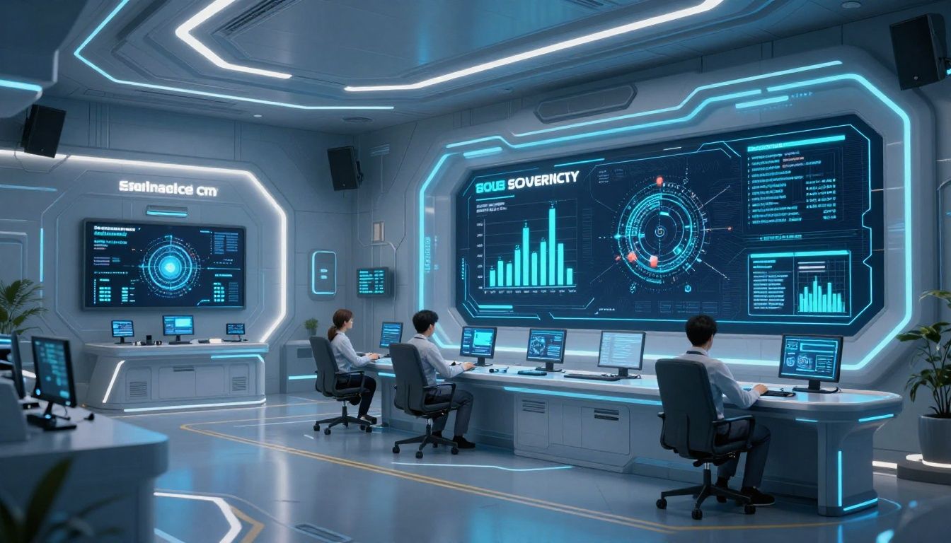 A futuristic digital command center showcasing data sovereignty and autonomous threat response