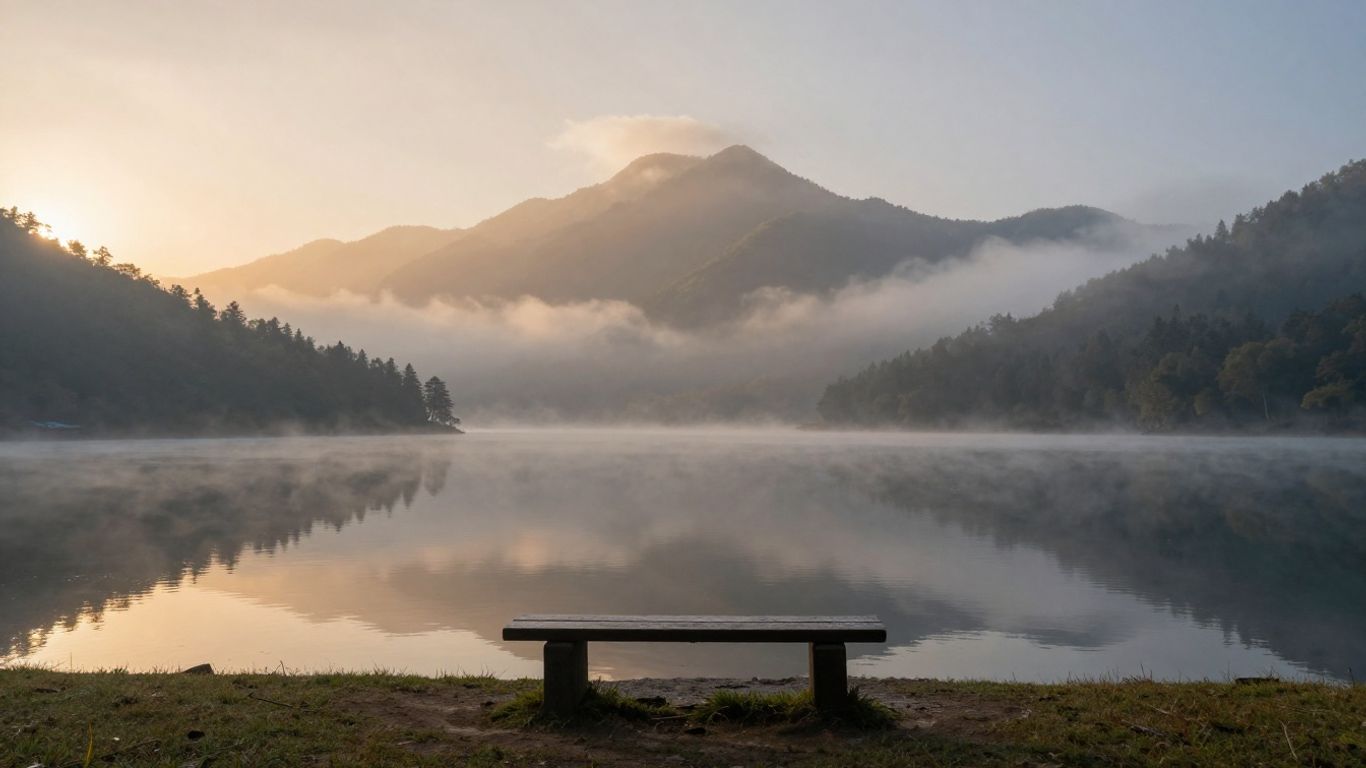 A peaceful mountain landscape during a quiet summer sunset