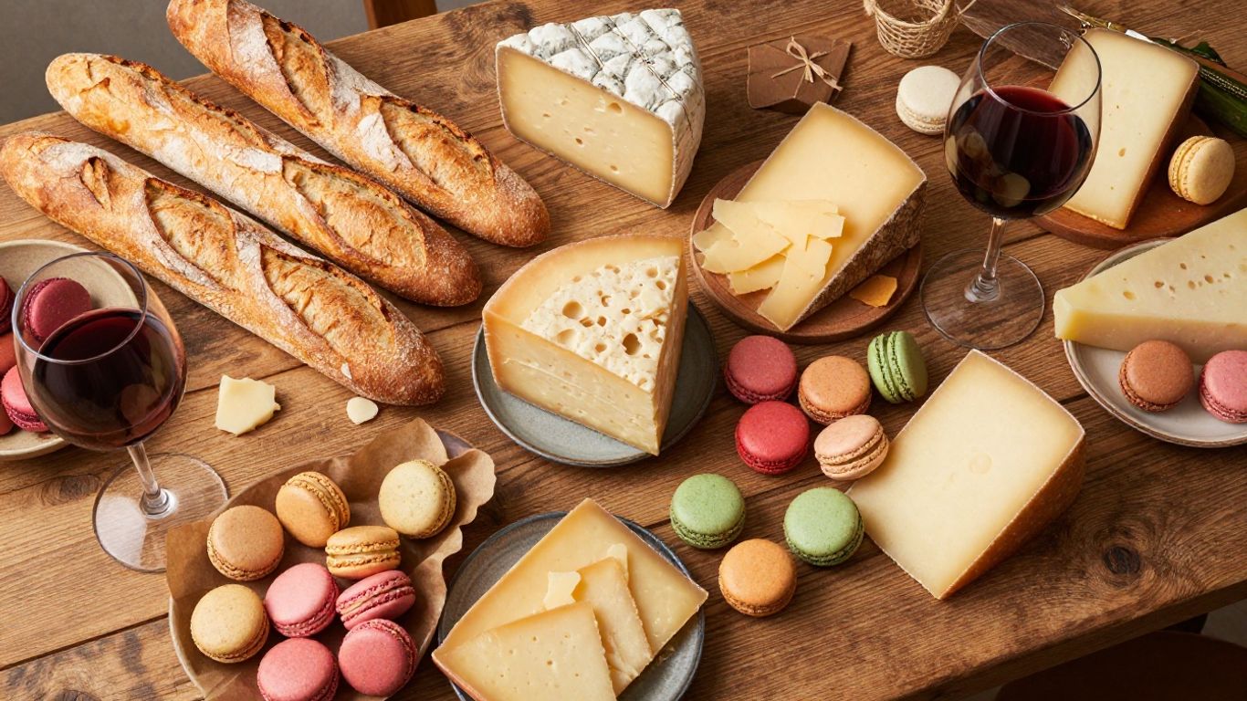 Assortment of French foods on a rustic table.