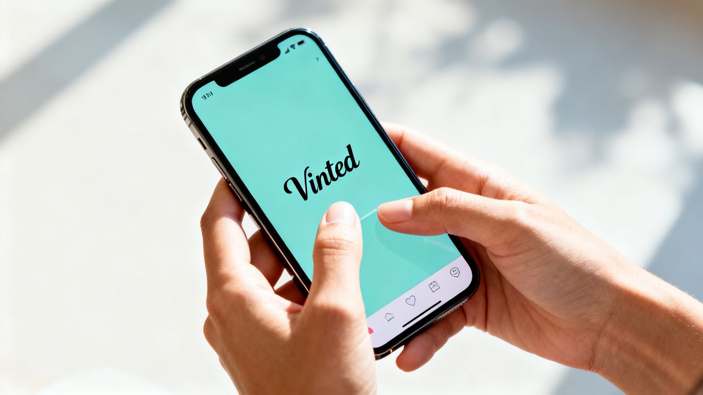 Vinted app på en telefon med hænder