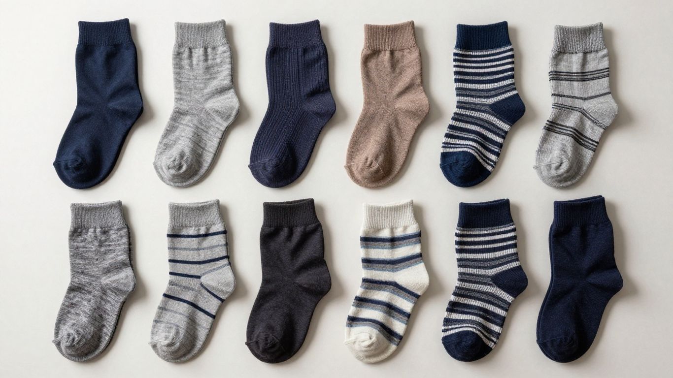 Assortment of men's socks in different styles and colors.