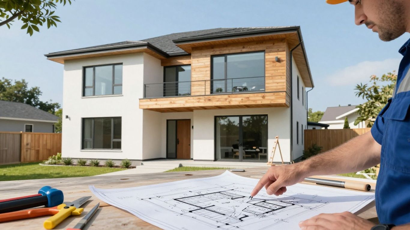 Home addition construction with blueprints and tools.