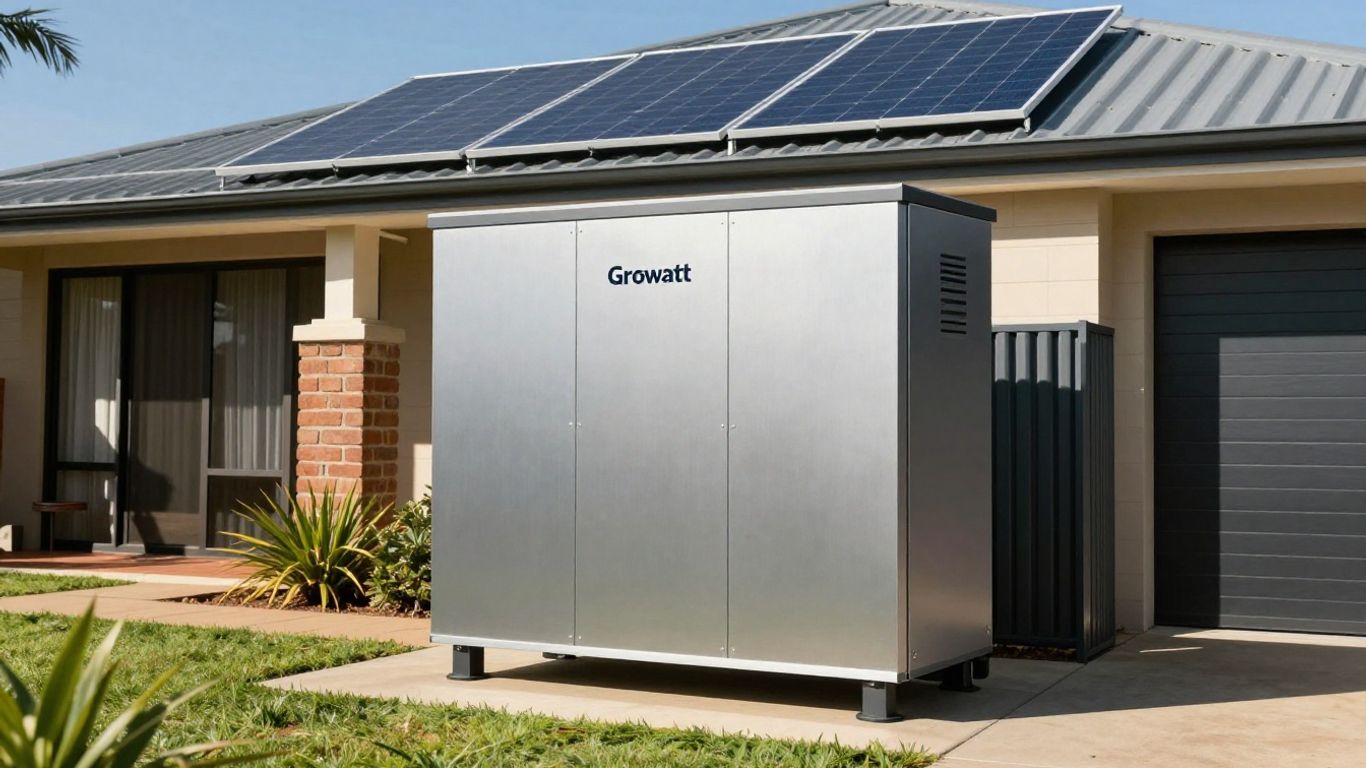 Growatt battery unit beside a home with solar panels.