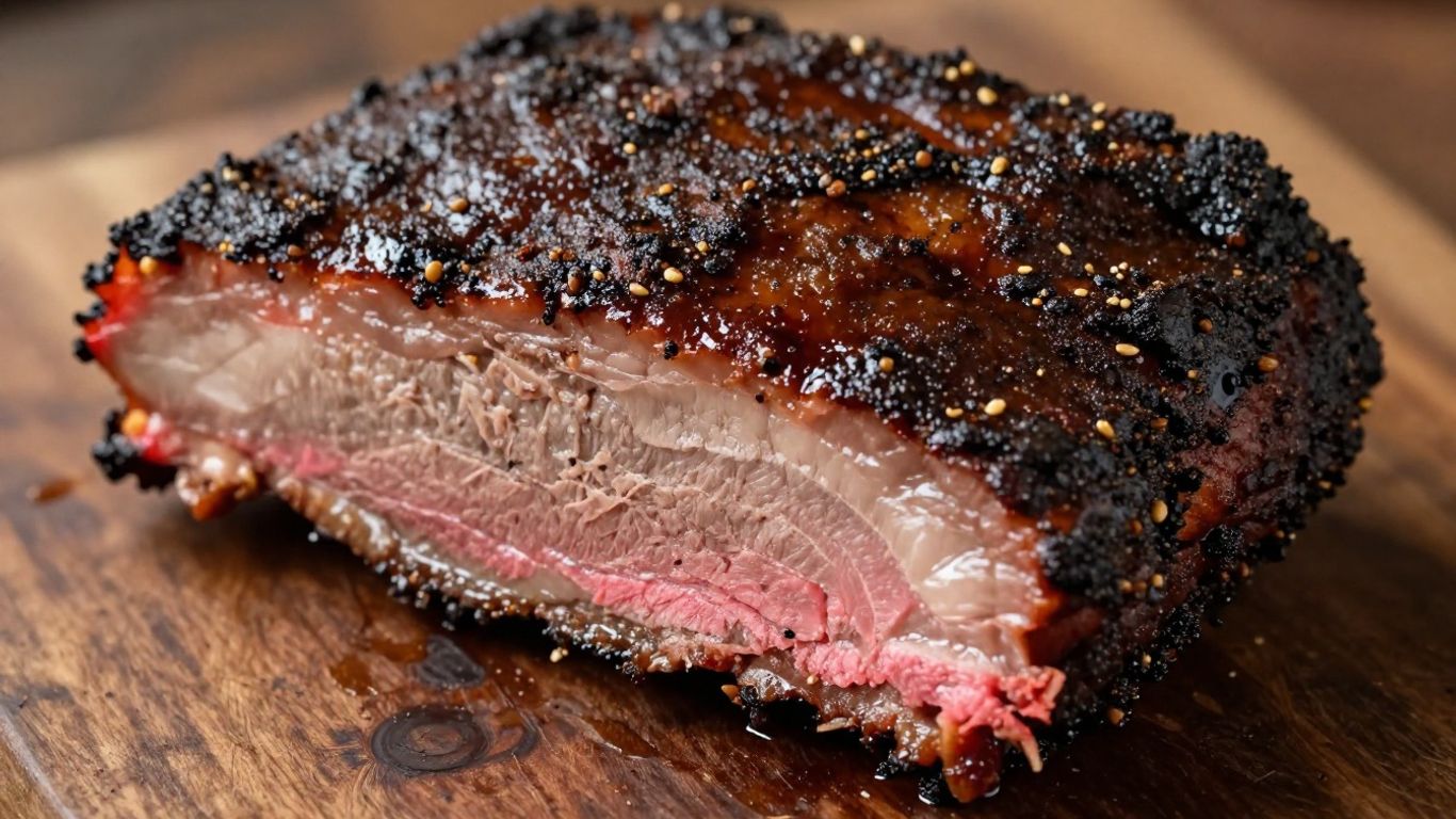 Smoked brisket with peppery bark and pink smoke ring.