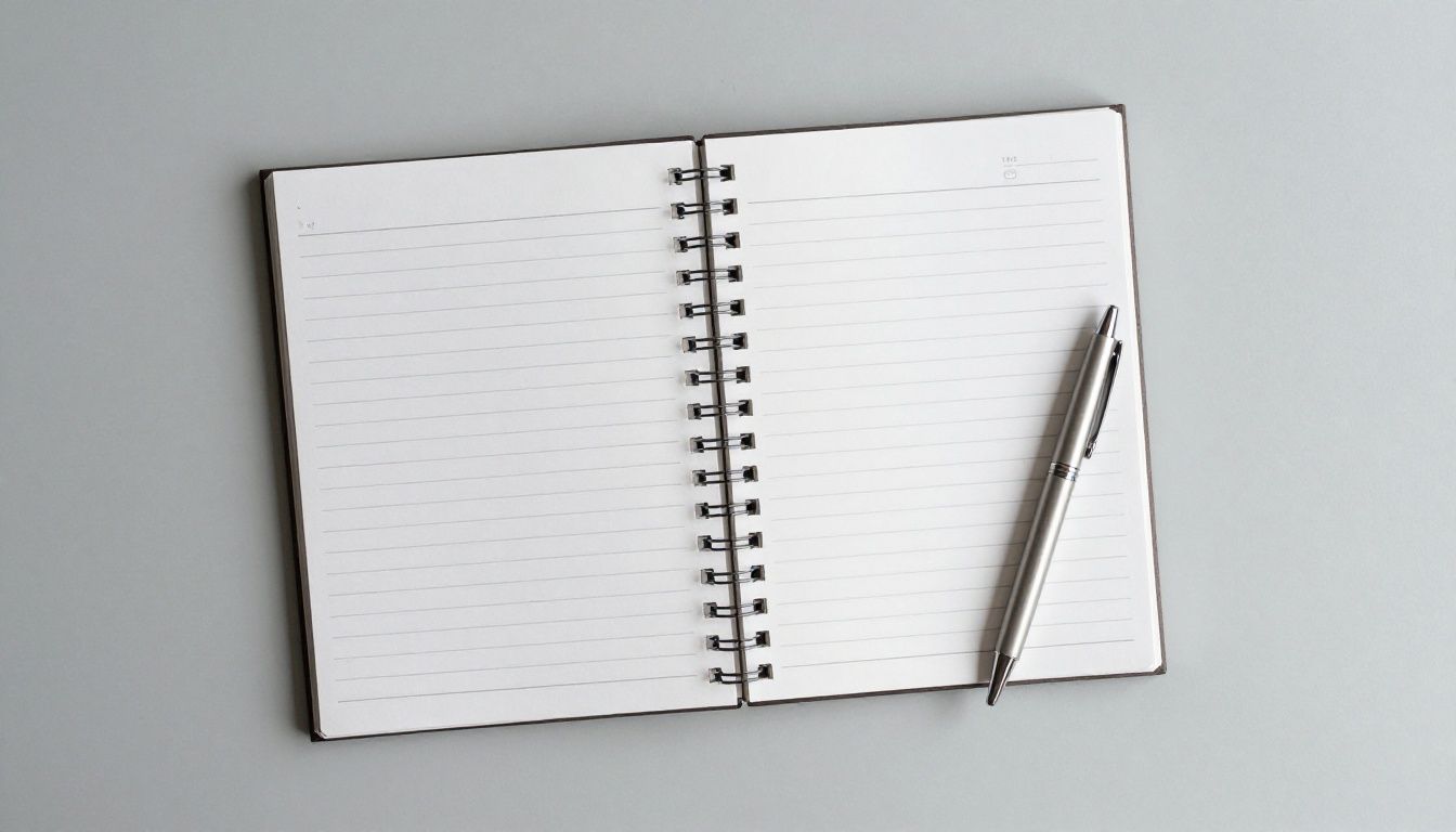 A clean, minimalist desk setup with a journal and a pen, symbolizing organized progress and structured intentional living.