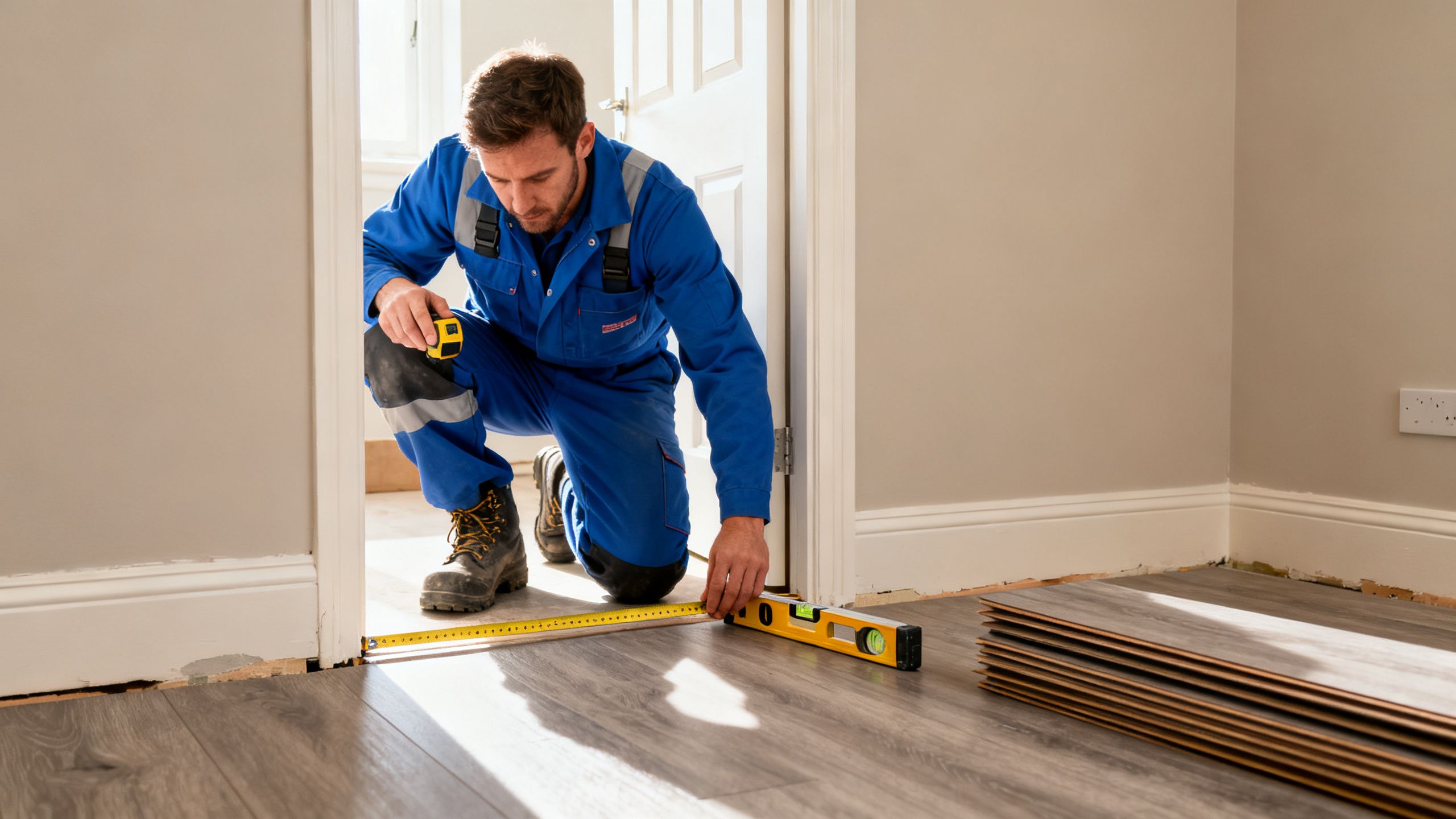 A Bristol flooring fitter measuring doorway clearance and checking floor height before installing new LVT over an existing surface