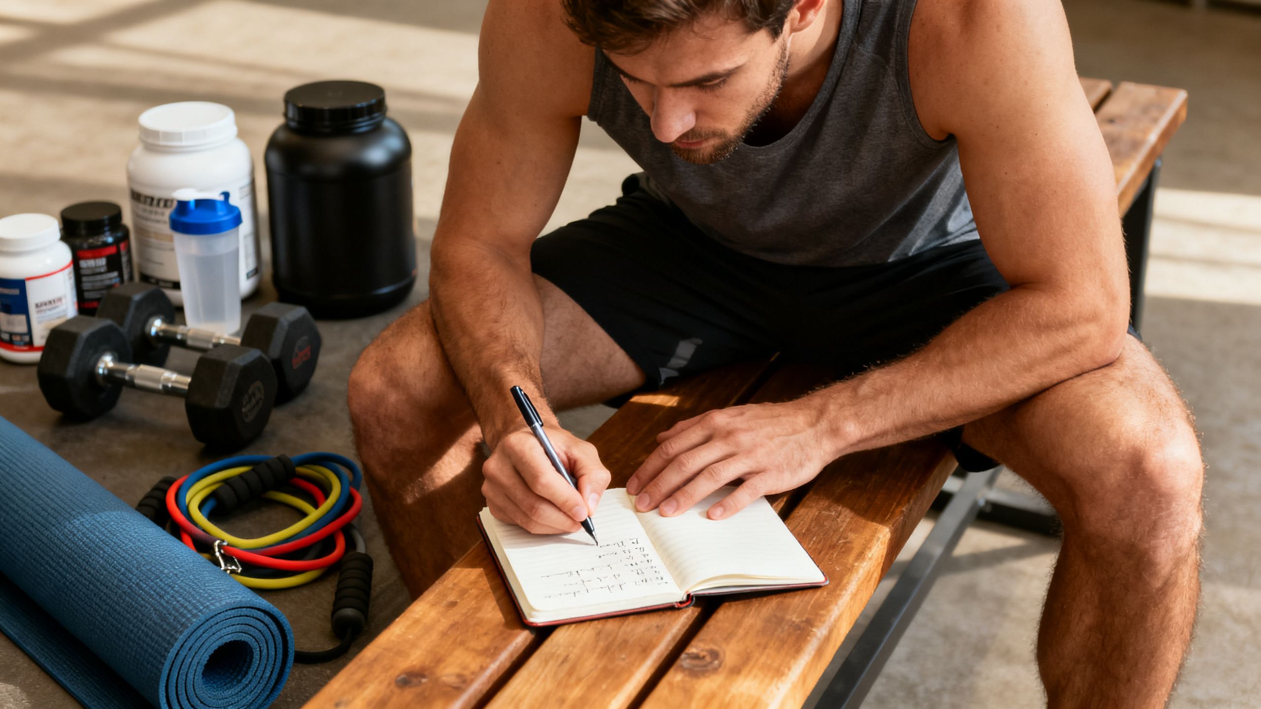 A focused man journaling his progress, surrounded by fitness gear and supplements