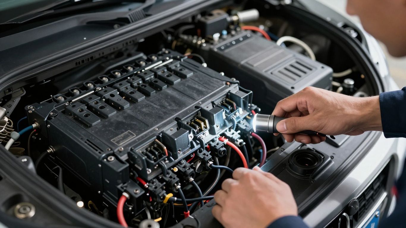 Technician inspecting Mercedes wiring and control modules