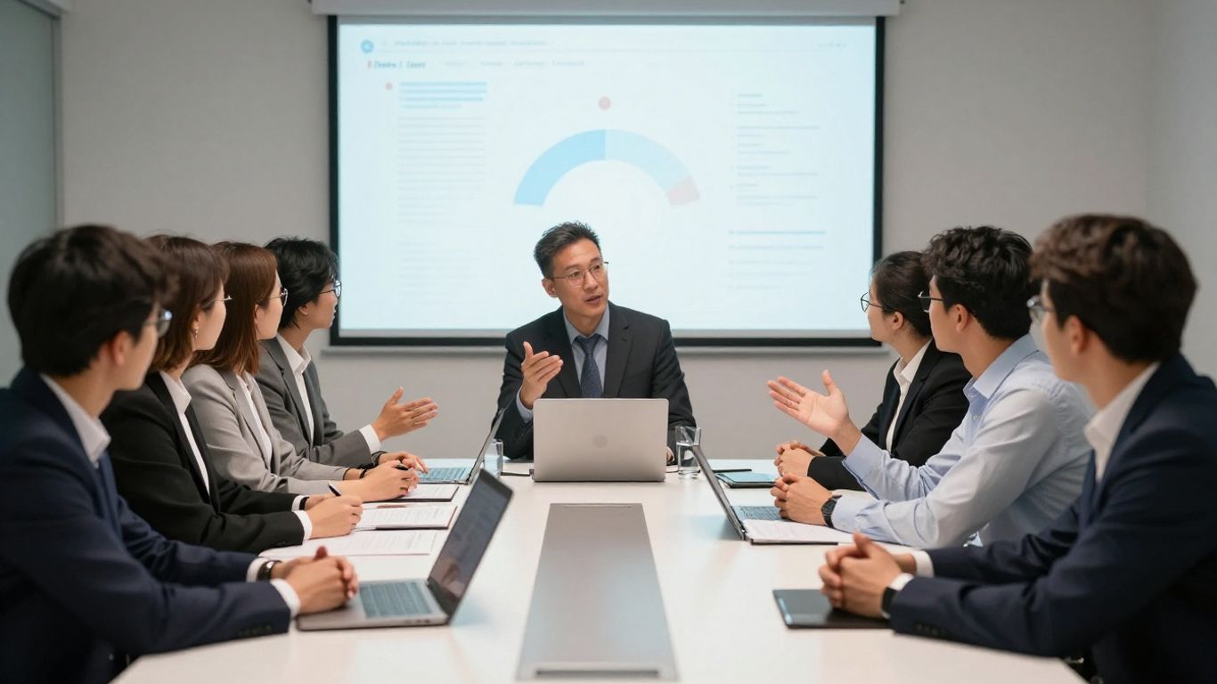 Team discussing digital marketing strategy around a table.