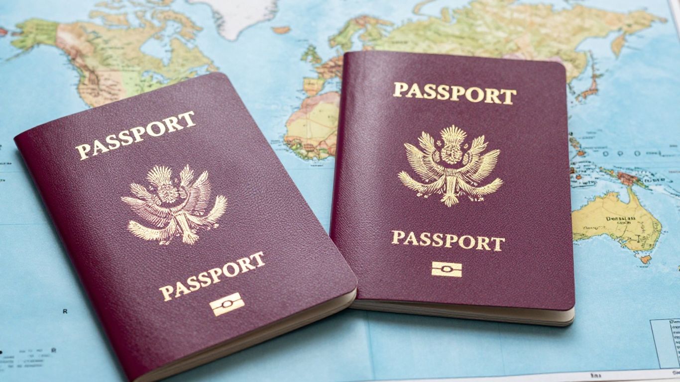 Pașaport și bilet de avion pentru călătorii internaționale.