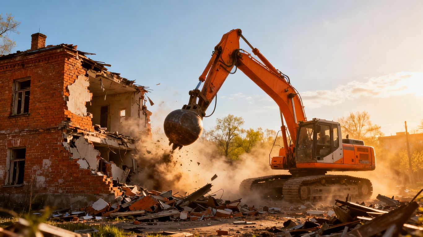 Excavator demolishing old brick building in spring.