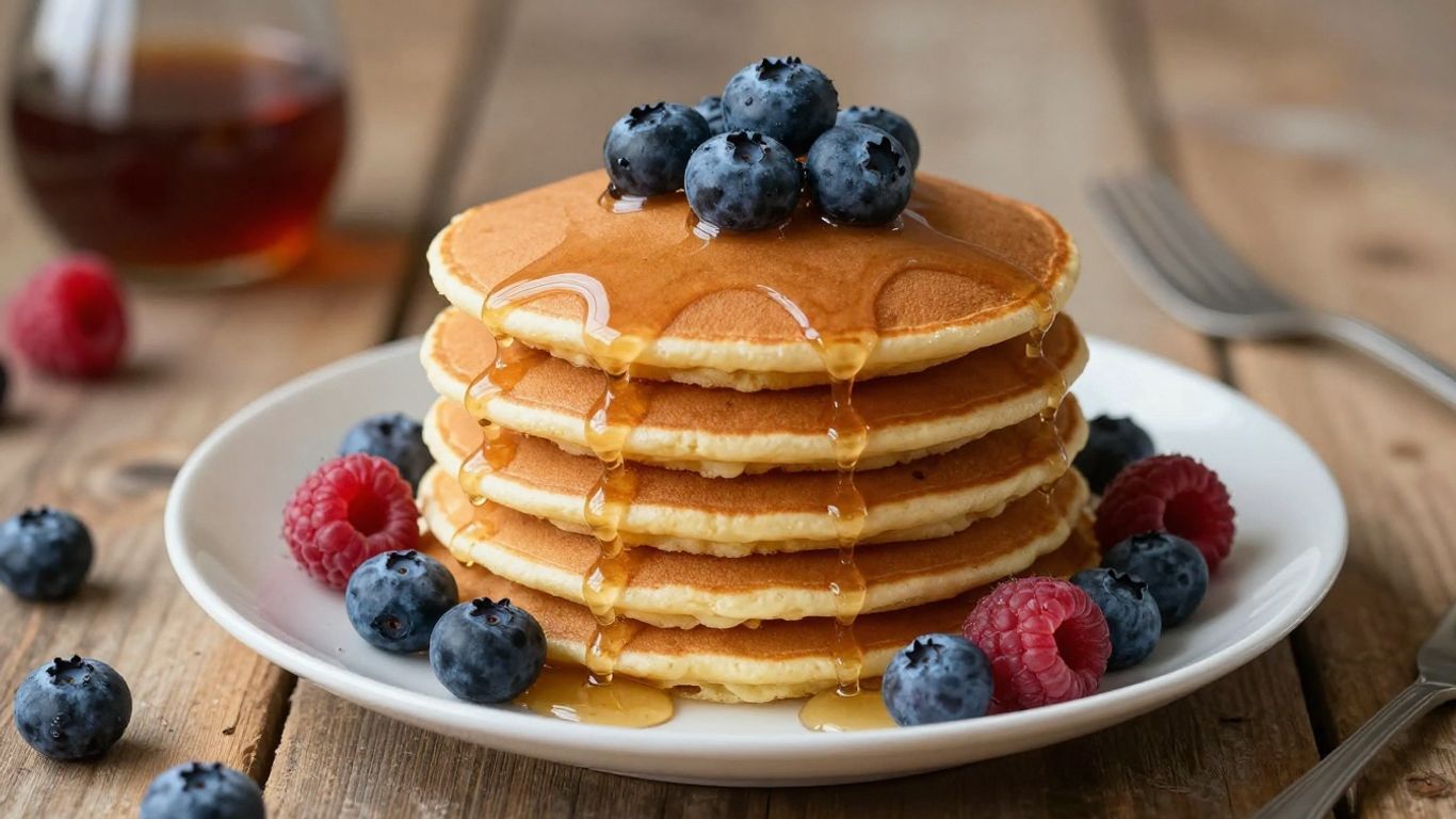 Stack of healthy pancakes with fresh berries and syrup.