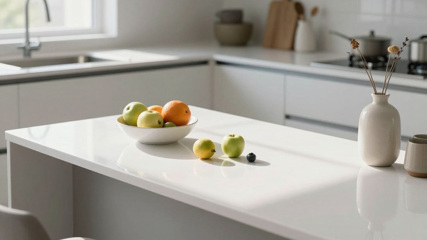 Modern kitchen with a shiny white gloss worktop.
