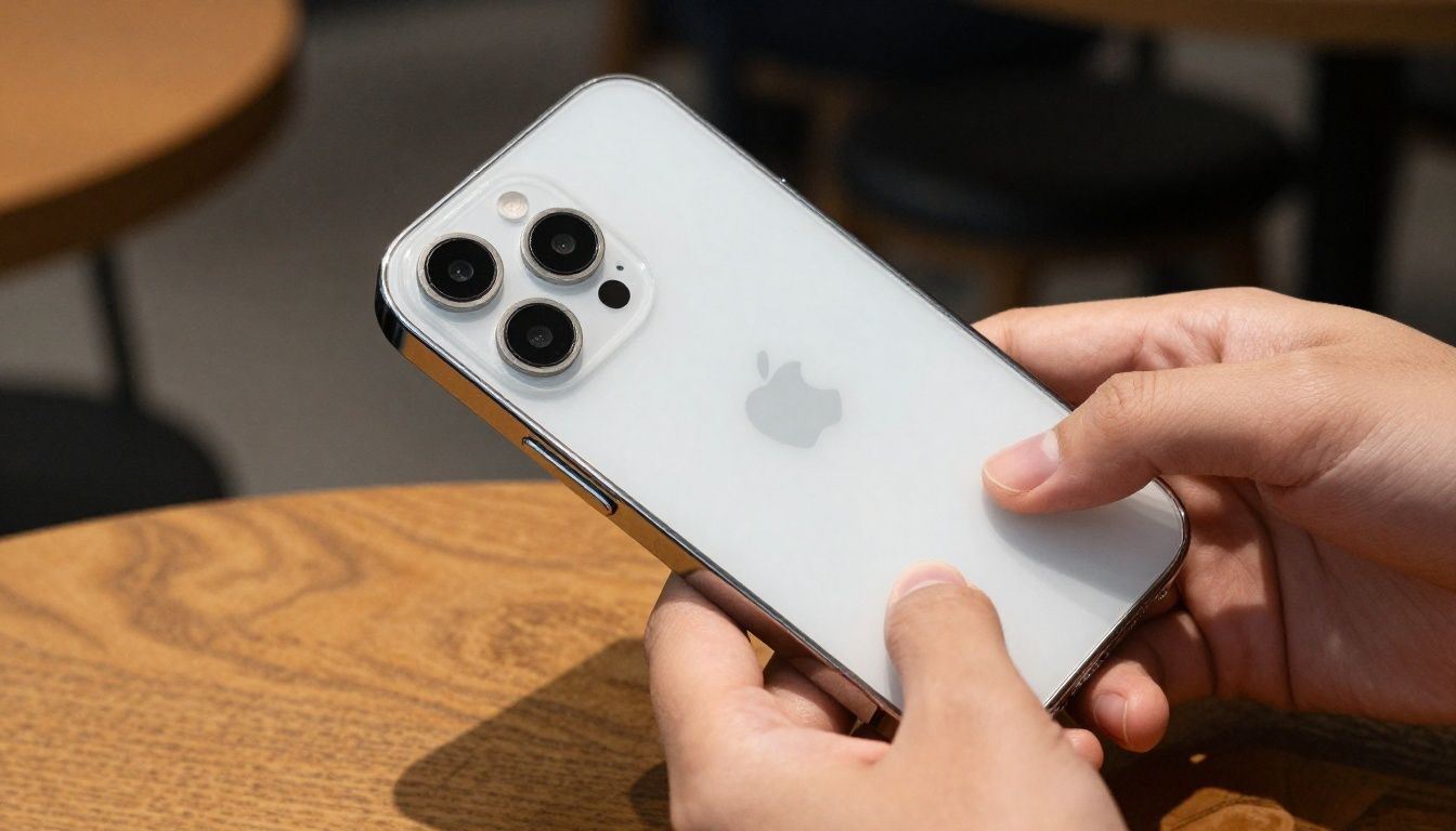 A person in a cafe carefully putting their new iPhone 16e into a sleek, protective case