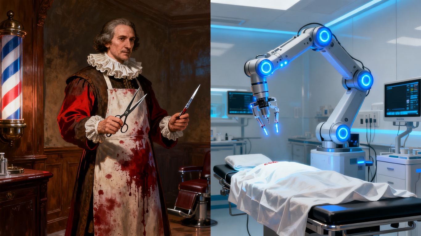 Historical barber surgeon and modern surgical robot.