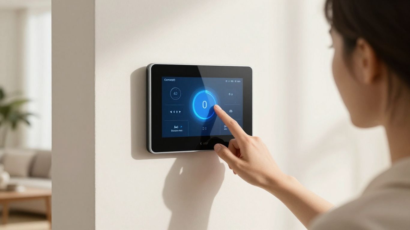 Client interagissant avec un appareil Comwatt dans un salon moderne.
