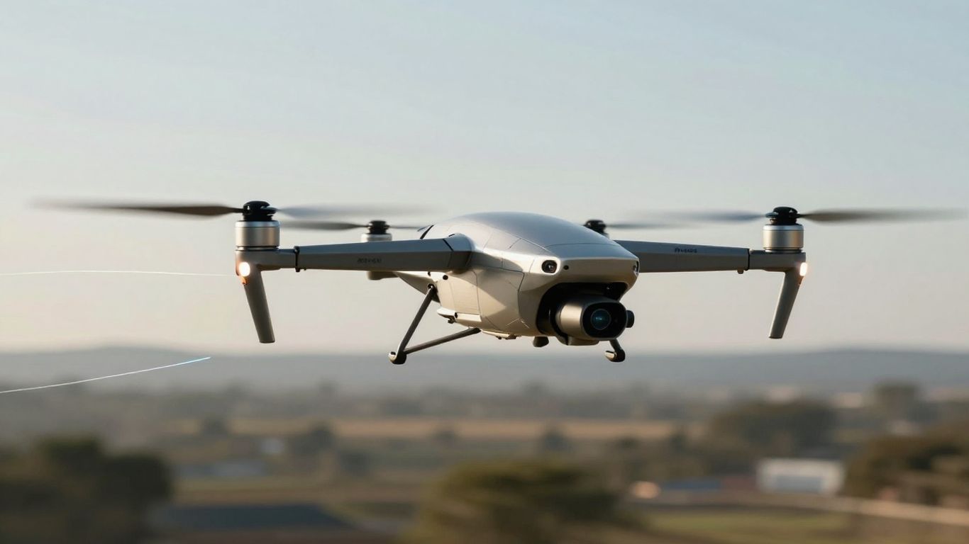 Drone with fiber optic cable flying.