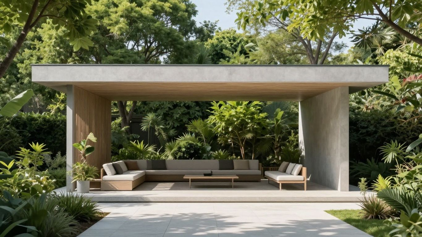 Moderner Gartenpavillon mit klaren Linien und Sitzbereich.
